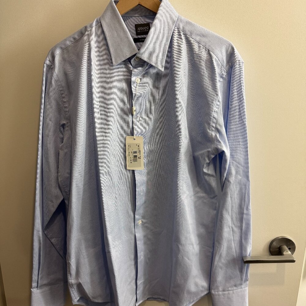 Armani Collezioni Men 16 Dress Shirt Blue Plaid Button Cotton